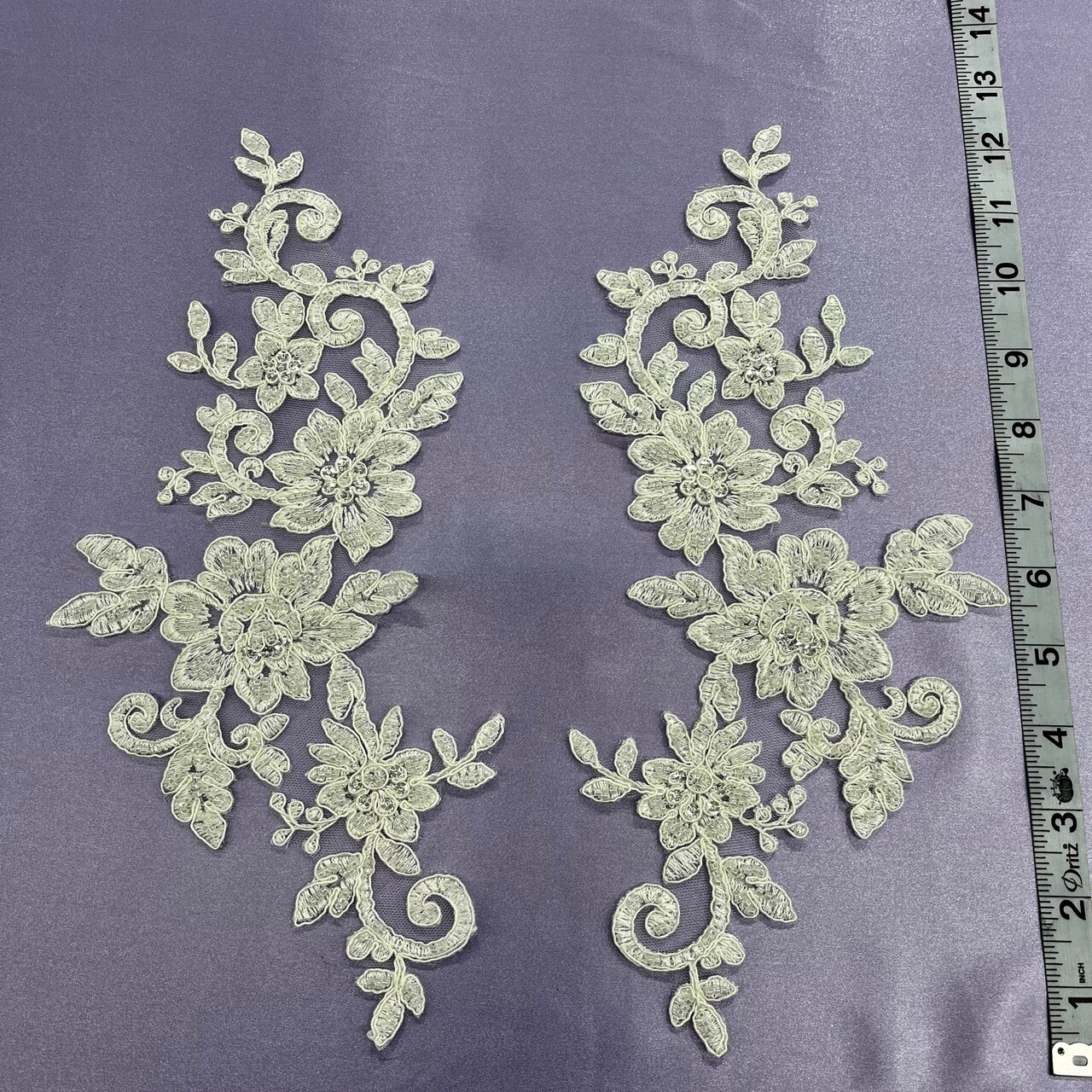 1 Pair Beaded & Corded Floral Lace Applique 100% Polyester Net Mesh 12.5" x 5" Each Side